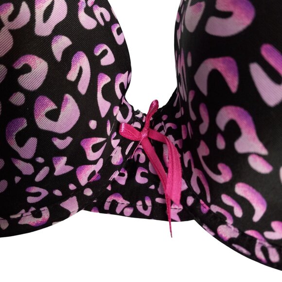 Inteco Intimates 34B Bra Pink Black Leopard Print Push Up Bow Adjustable NEW - Picture 2 of 6